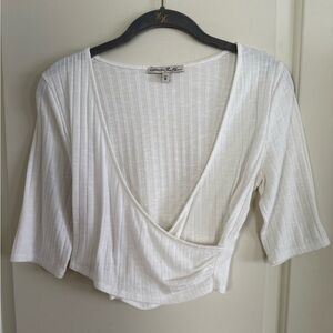 Express One Eleven Ribbed Crossover Cropped Balletcore Top in Cream Size Medium